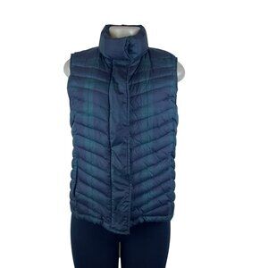 Talbots Womens Navy Green Puffer Vest Plaid Print Medium Insulated Lightweight